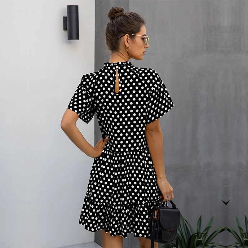 

2021 New Summer Ladies Polka Dot A-line Dress Women Elegant Ruffled Collar High Waist Print Mini Short Dress