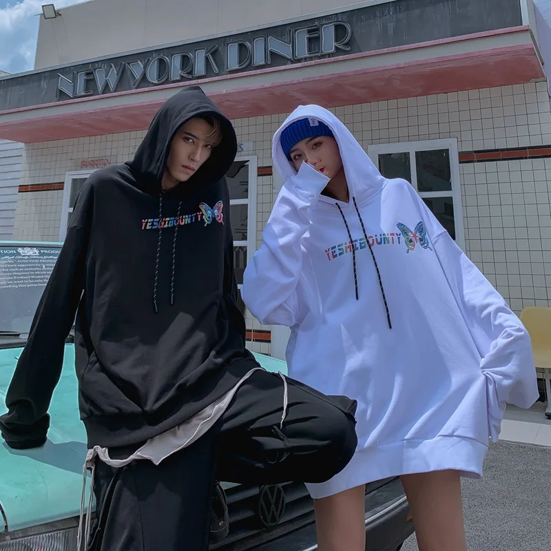 

Street Hipster Butterfly Colorful Reflective Print Hooded Sweatshirts Hoodies Men Women Casual Loose Couple Pullover Cotton Tops