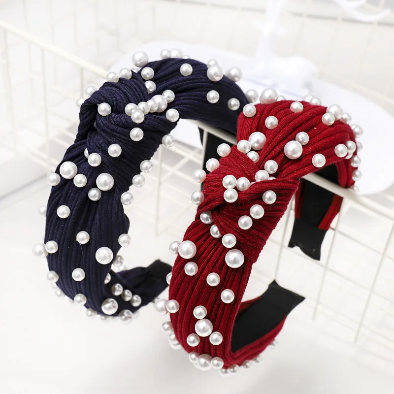 2019 винтажная Жемчужная Повязка для волос женщин вязаная повязка на голову с