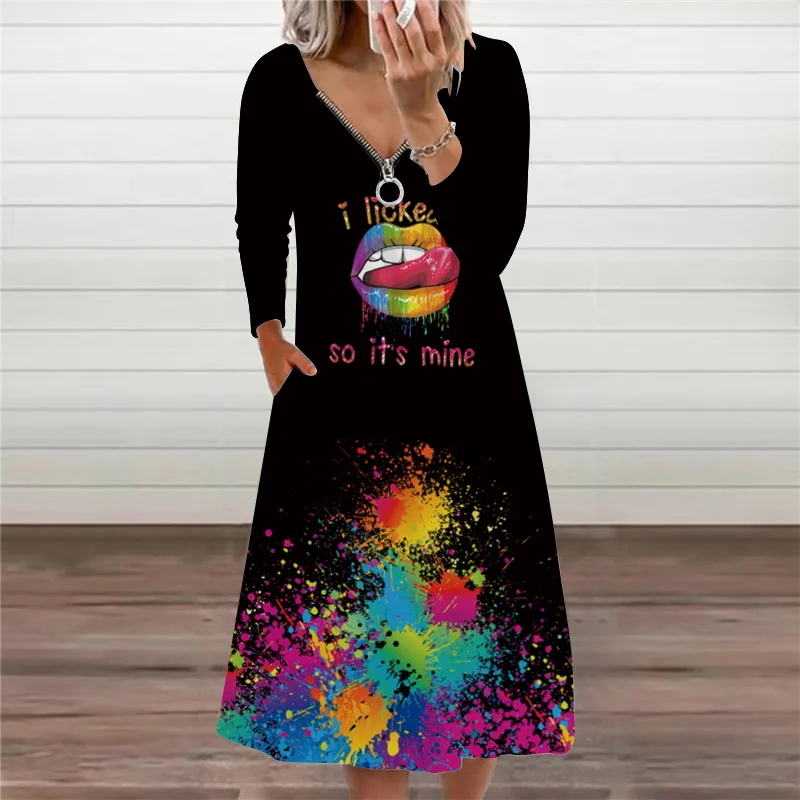 

New Autumn Dress Casual Women Sexy V-neck Zipper Printed Long-sleeved Dress Calf Mid-length Elegant Retro Party Club Dresses