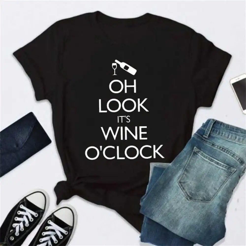 

It's Wine O'clock Letter Print T Shirt Women Short Sleeve O Neck Tshirt Summer Women Tee Shirt Tops