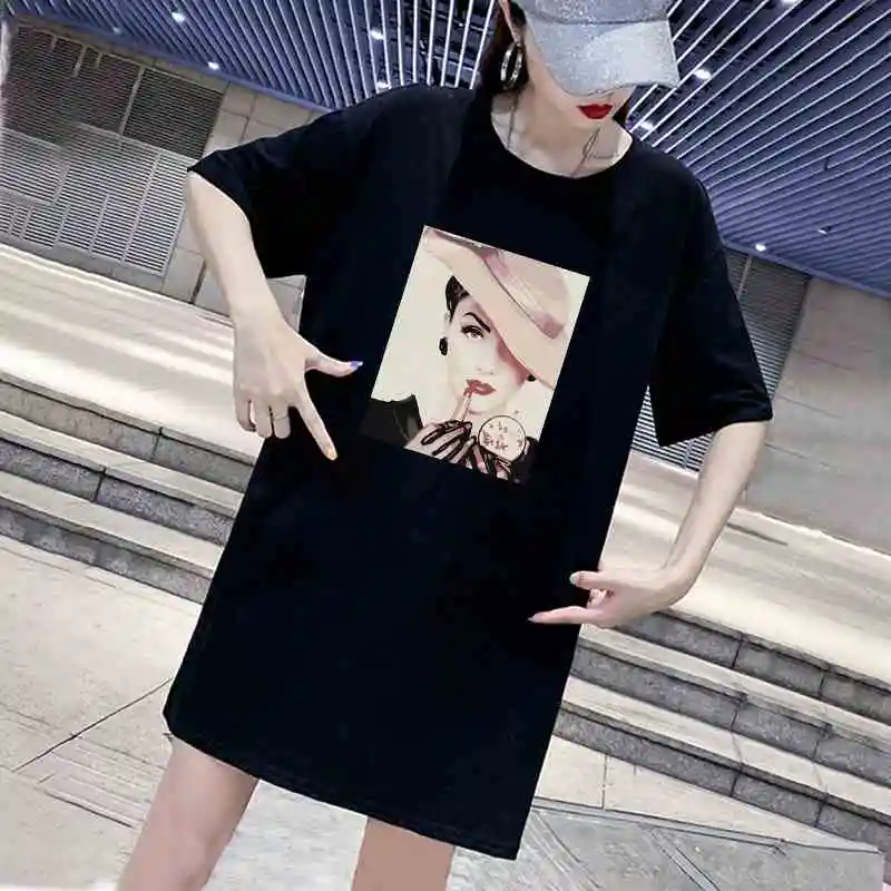 

Fashion Girl Print T-shirt Dresses Women Short Sleeved Dress Casual Loose Summer Plus Size Dress White Female Mini Vestidos