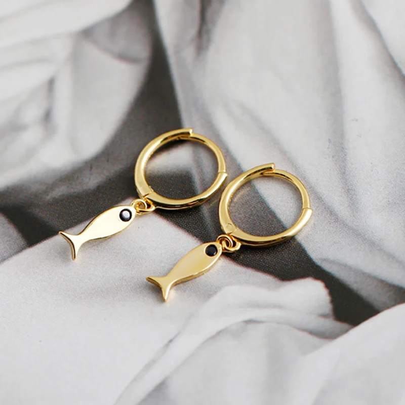 100% Стерлинговое Серебро 925 пробы золотой цвет морская рыба черные циркониевые