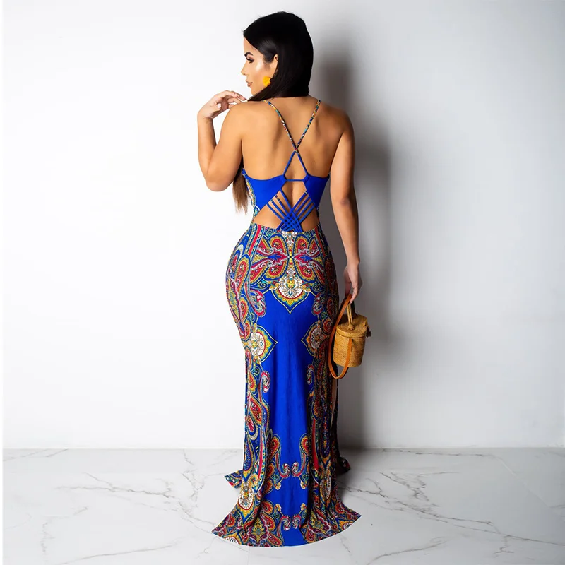 Женское винтажное платье макси на бретелях спагетти с V образным вырезом и