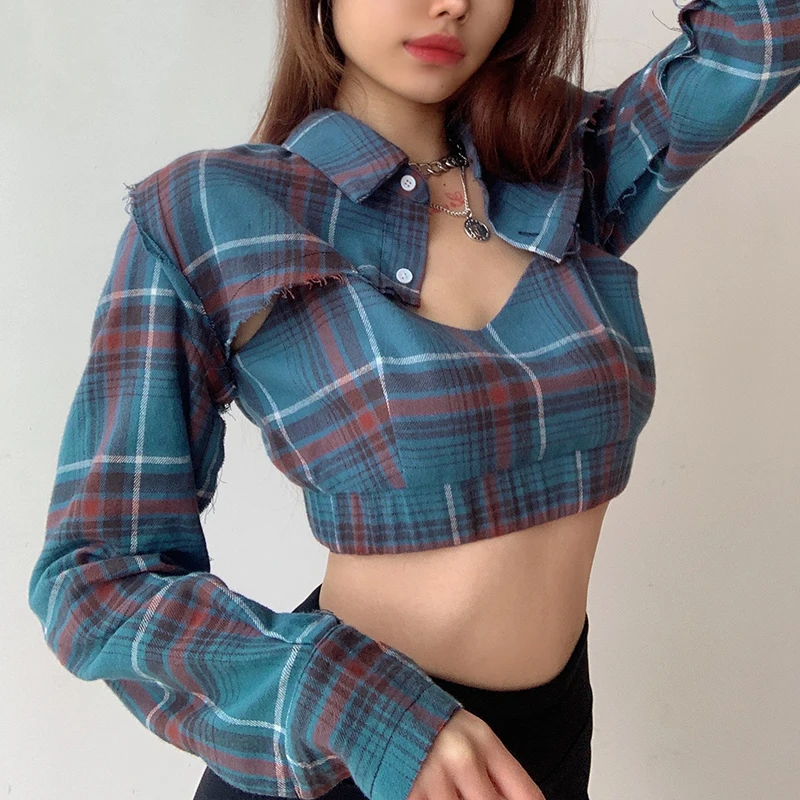 

Женская футболка в клетку, с длинным рукавом и отложным воротником