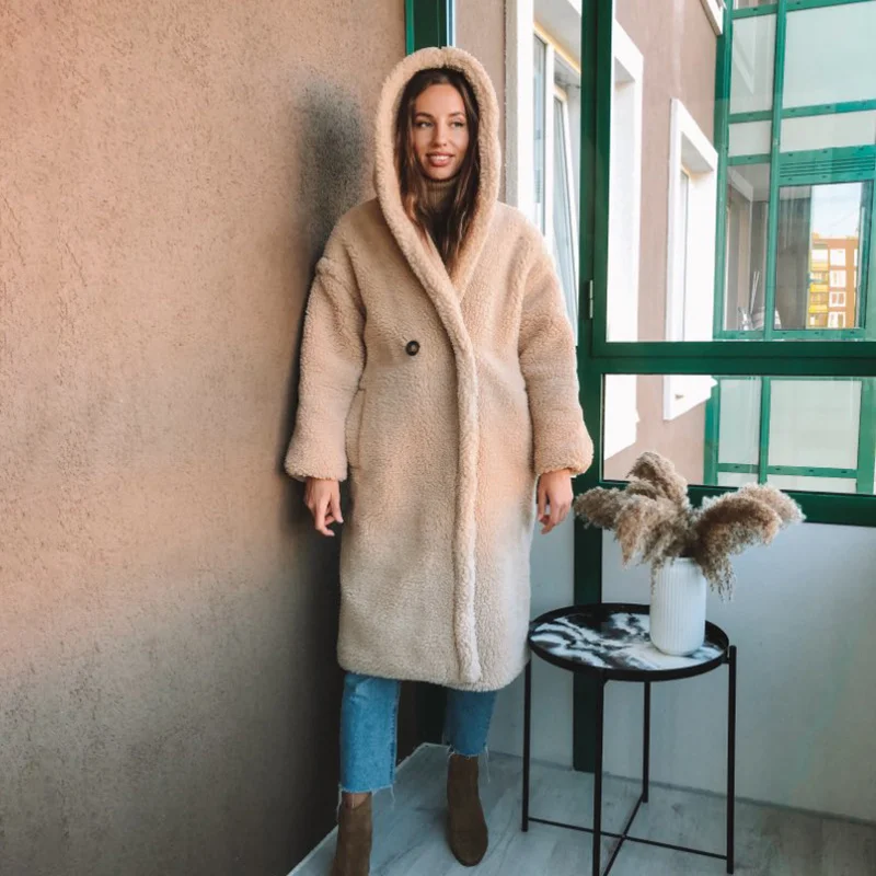 

Women Clothing Winter Hooded Jackets Outerwear Oversized Loose Faux Soft Lambswool Fur Cotton Thicken Warm Long Overcoats