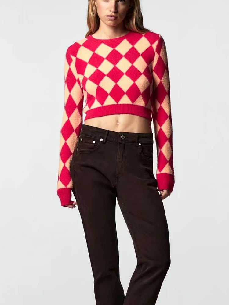 

Короткий женский свитер HWLZLTZHT, Осенние клетчатые пуловеры, свитер, женский топ с круглым вырезом и длинным рукавом, женский джемпер, зимняя о...