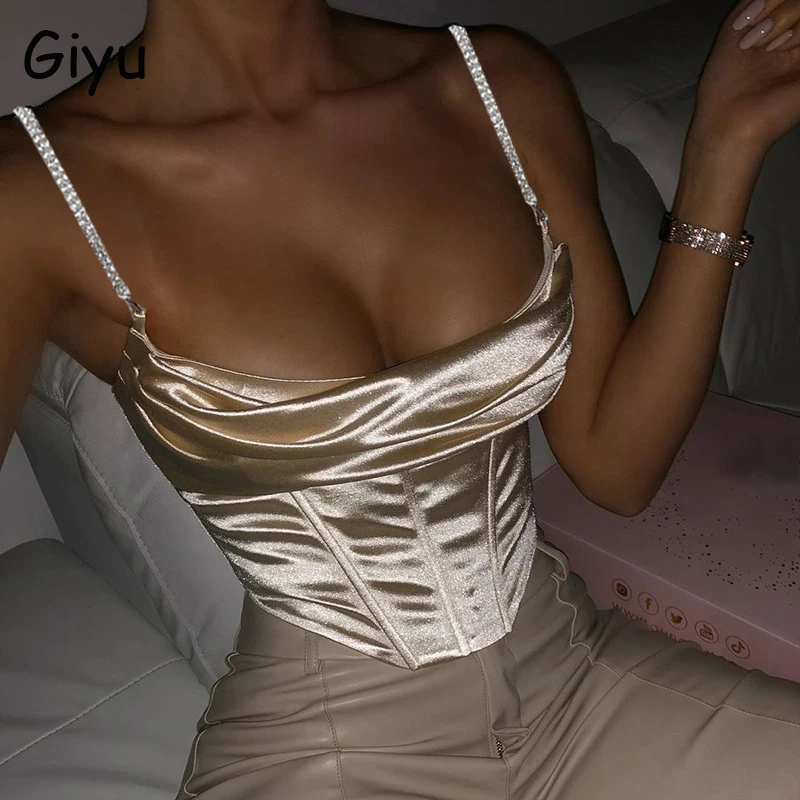 

Giyu Glitter Diamonds Camisole Sexy Satin Crop Top Women Spaghetti Strap Backless Corset Top Club Party Tops Solid Streetwear