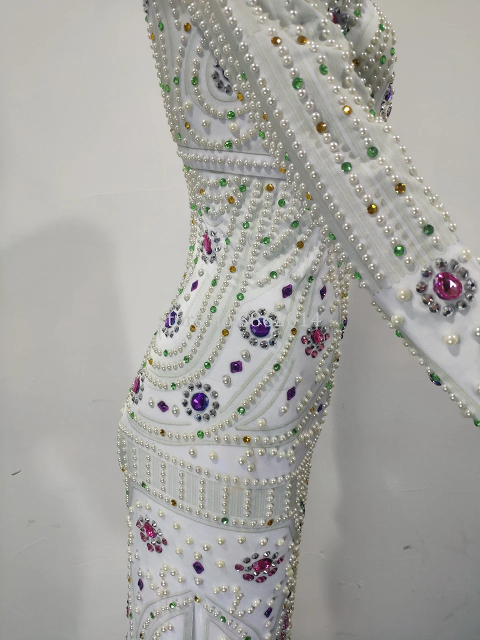 

Sparkly Rhinestones Beading Long Sleeve White Long Dress Women Singer Stage Costume Birthday Celebrity Prom Party Night Dresses