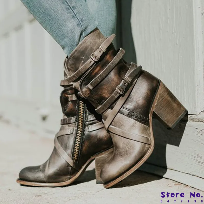 Женские ботинки до середины икры с круглым носком на массивном высоком каблуке