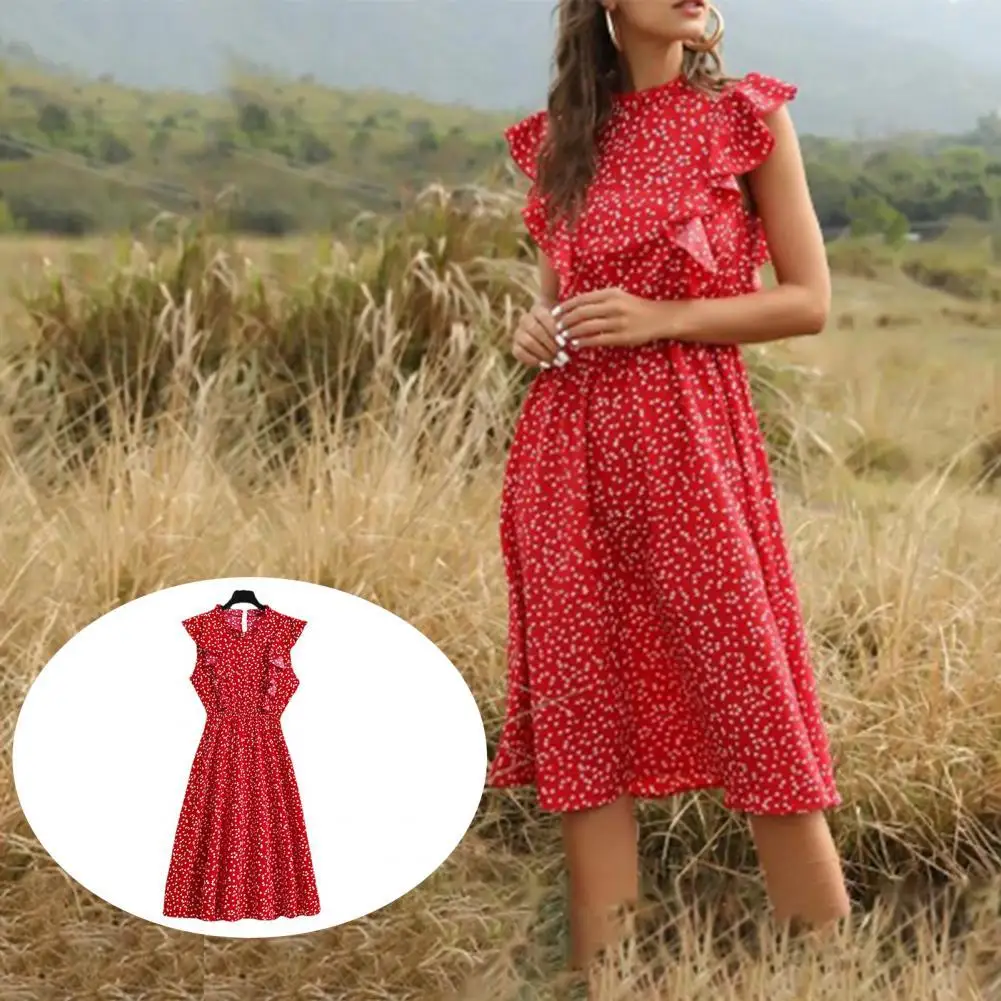 Women's Dress Floral Print Breathable Floral Print Butterfly Sleeve Ruffles Summer Dress Beach Party Dress Ladies Vestidos