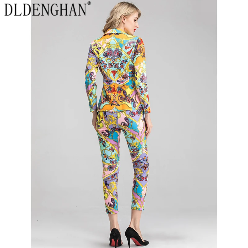 

DLDENGHAN Vintage Print Sets Women'sLong Sleeve Suit Coat Tops + High Waist Trousers Two-Piece Set Designer Autumn New