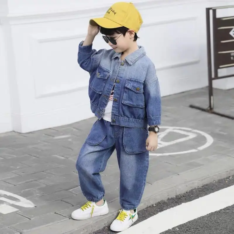 

Spring Autumn Boys Clothing Sets Kids Denim Top + Pockets Jeans 2pcs Children Casual Fashion Suits Baby Boys Clothes Outfits W52