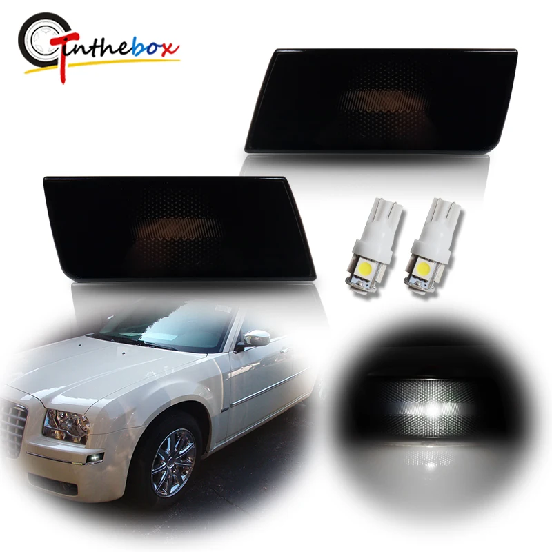 

Gtinthebox Smoked Lens Car Front Bumper Side Marker Light Cover Housings with T10 White LED bulbs Kit For 2005-2010 Chrysler 300