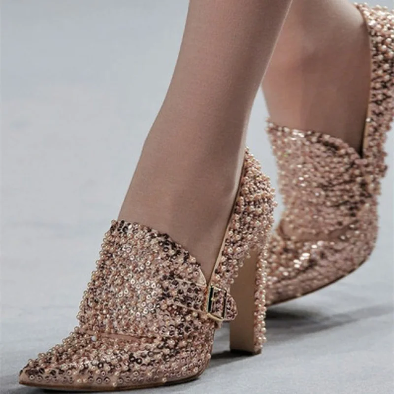 Туфли лодочки с блестками и бусинами на массивном каблуке 12 см|Женские туфли| |