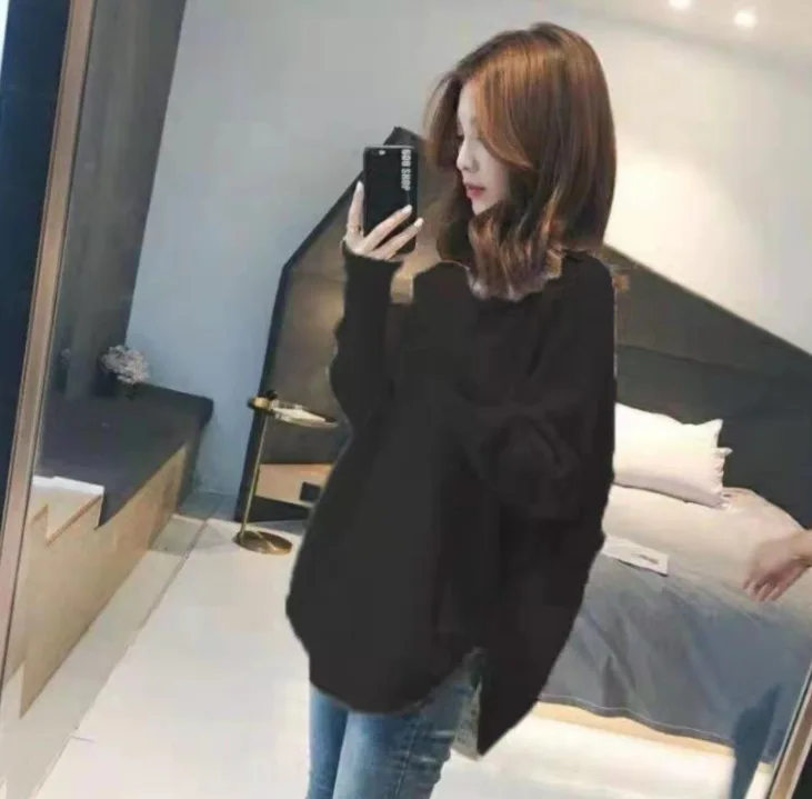 

Autumn Winter Black V-neck Knit Sweater For Women Unique Design Loose Hem Long Sleeve Pullover Jumper Oversized Warm Casual Coat