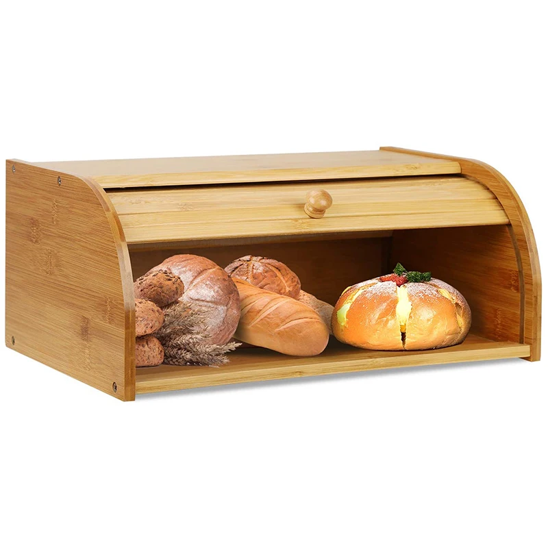 

Natural Wooden Bread Box Bamboo Roll Top Bread Box Kitchen Food Storage Bin, Countertop Bread Keeper