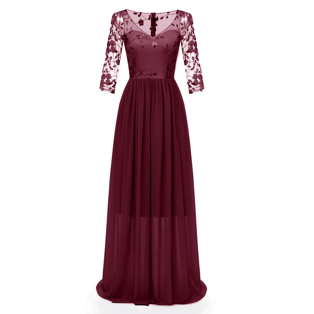 2018 женское кружевное платье с рукавом 3/4 темно красное цветочной вышивкой