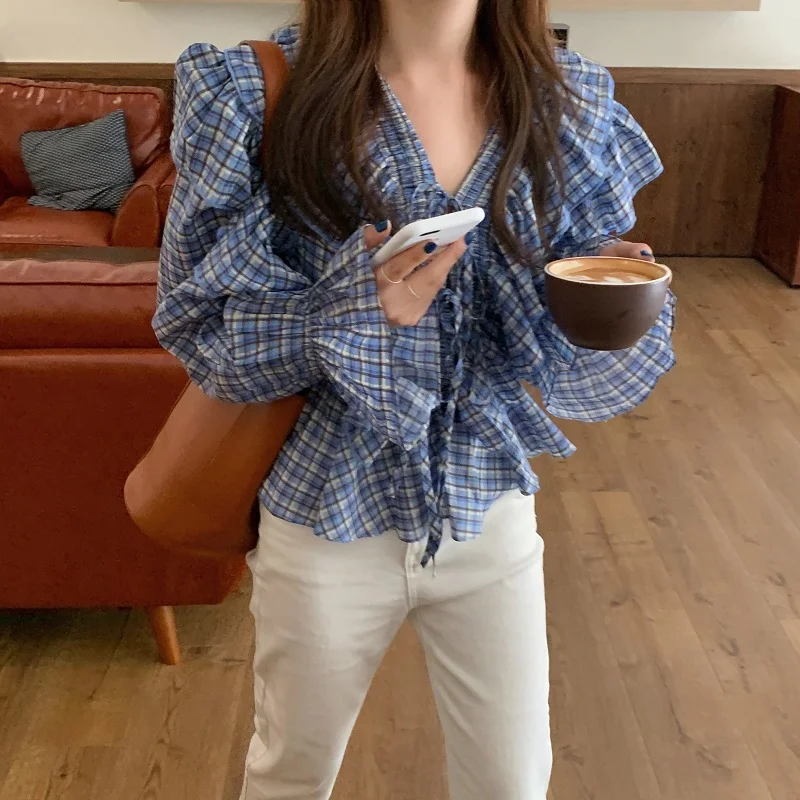 

Fashion Women 2021 Spring Summer Lace Up Shirts Blouses Female Full Sleeve Loose Plaid Ruffles V-Neck Korean Casual Tops WB77