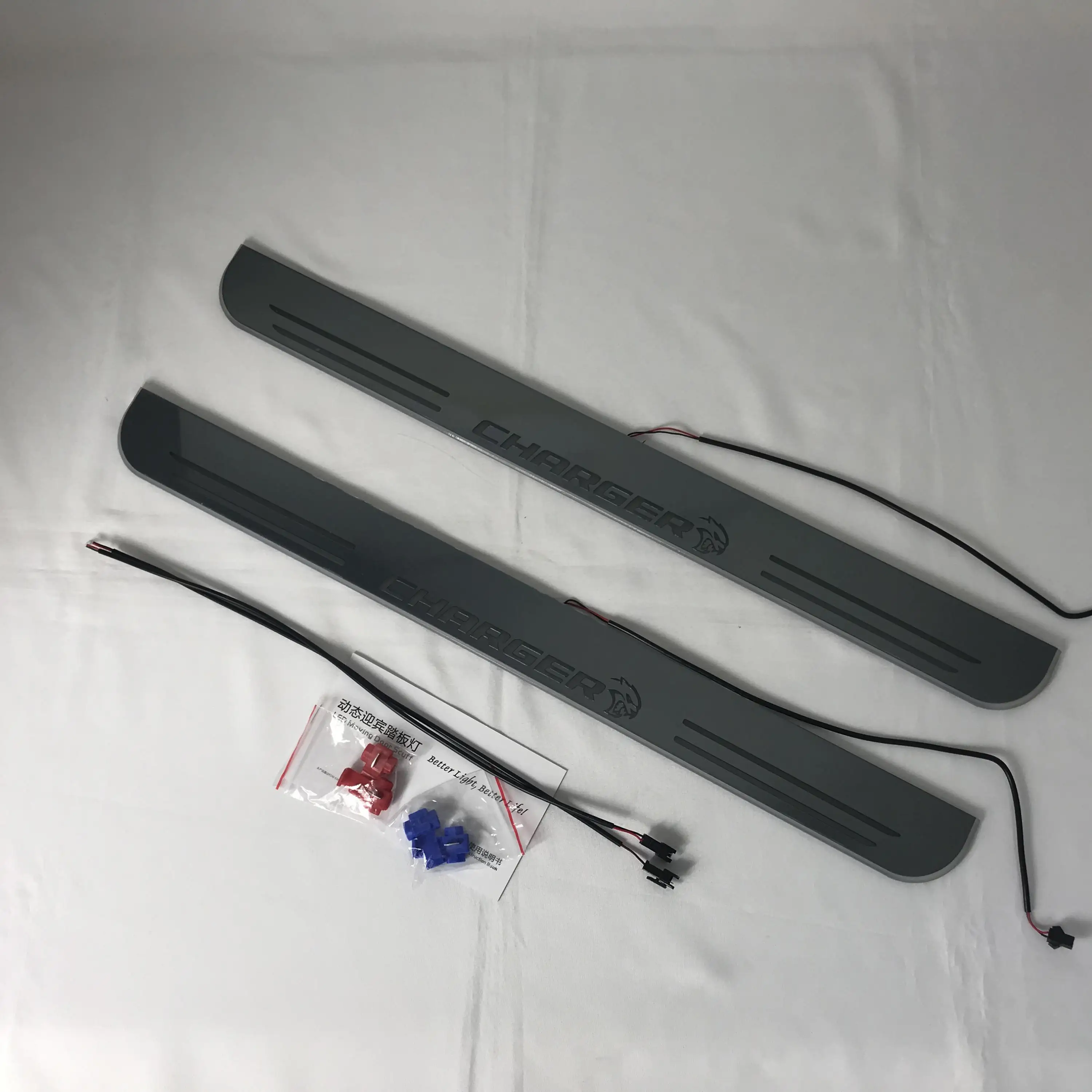

Osmrk led moving door scuff for dodge charger dynamic door sill plate flat lining overlay flowing/fixed light, 2pcs