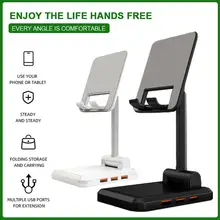 Universal Adjustable Cell Phone Holder USB Charging 3 Ports Mobile Phone Holder Folding Tablet Stand for iPhone 11 Huawei Xiaomi