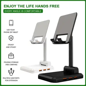 universal adjustable cell phone holder usb charging 3 ports mobile phone holder folding tablet stand for iphone 11 huawei xiaomi free global shipping