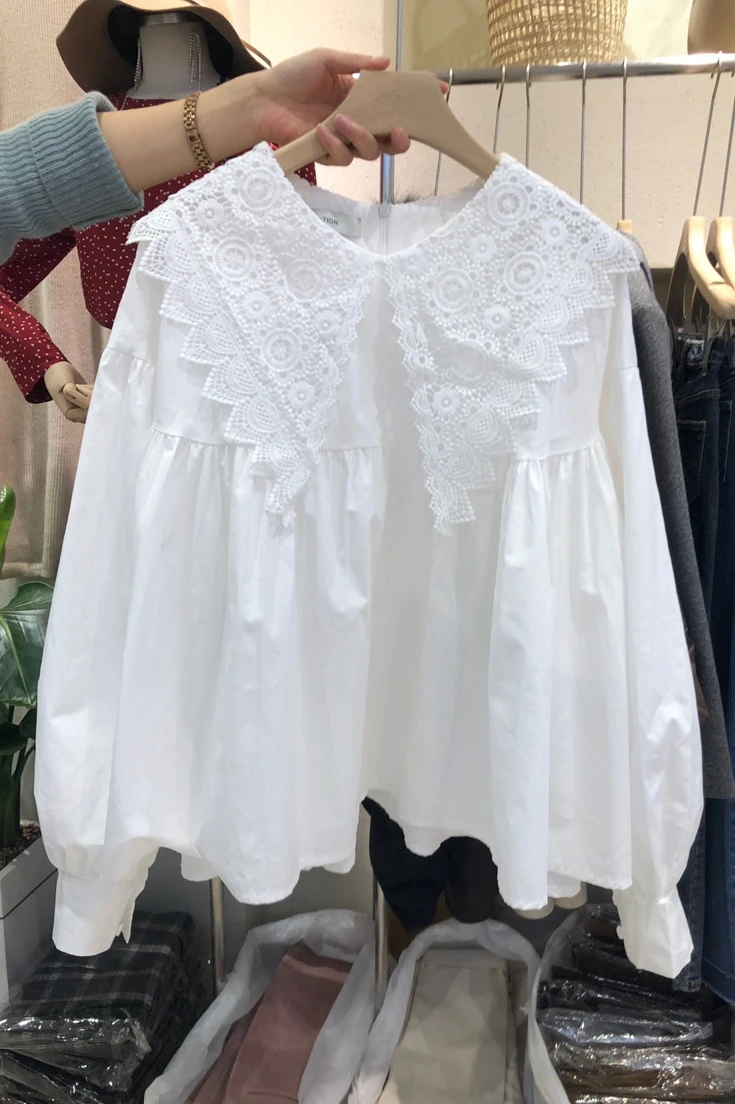 

Korea Autumn 2020 New Lace Patchwork Peter Pan Collar Shirts Women Loose Solid Blouse Women C198