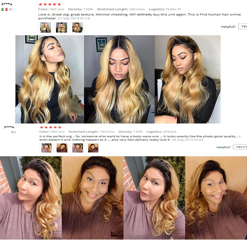 Парик из человеческих волос с эффектом омбре медовая блондинка волна тела T-часть