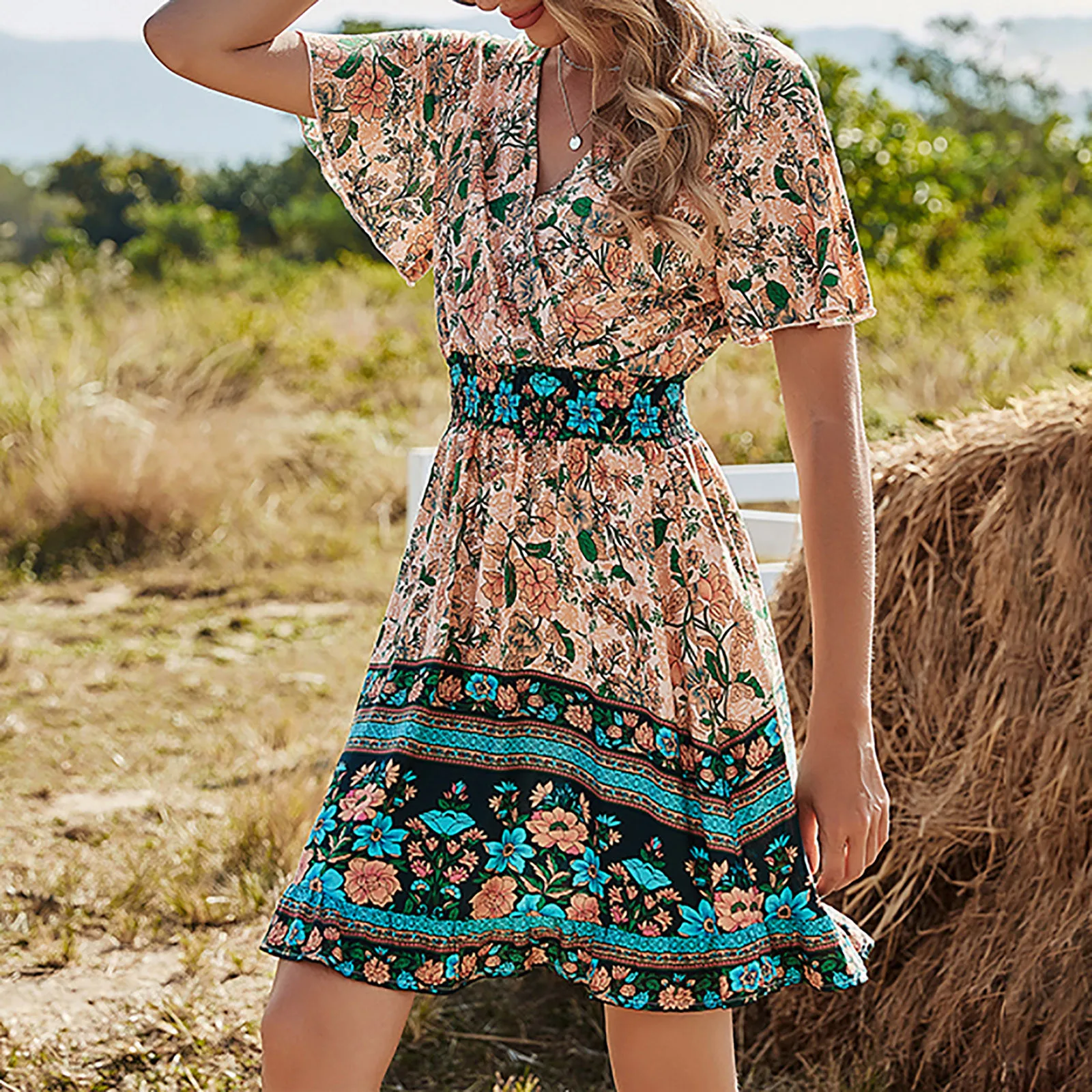 2021 Women's Printed Retro Dress V-neck Fashion Short Sleeves Draped Stitching Dresses Ethnic Ropa Mujer | Женская одежда