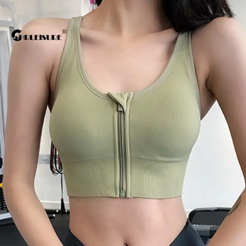 CHRLEISURE Zipper Sports Top Cross U-Shape Seamless Gym Underwear Hollow Out Shockproof Gather Yoga Bra
