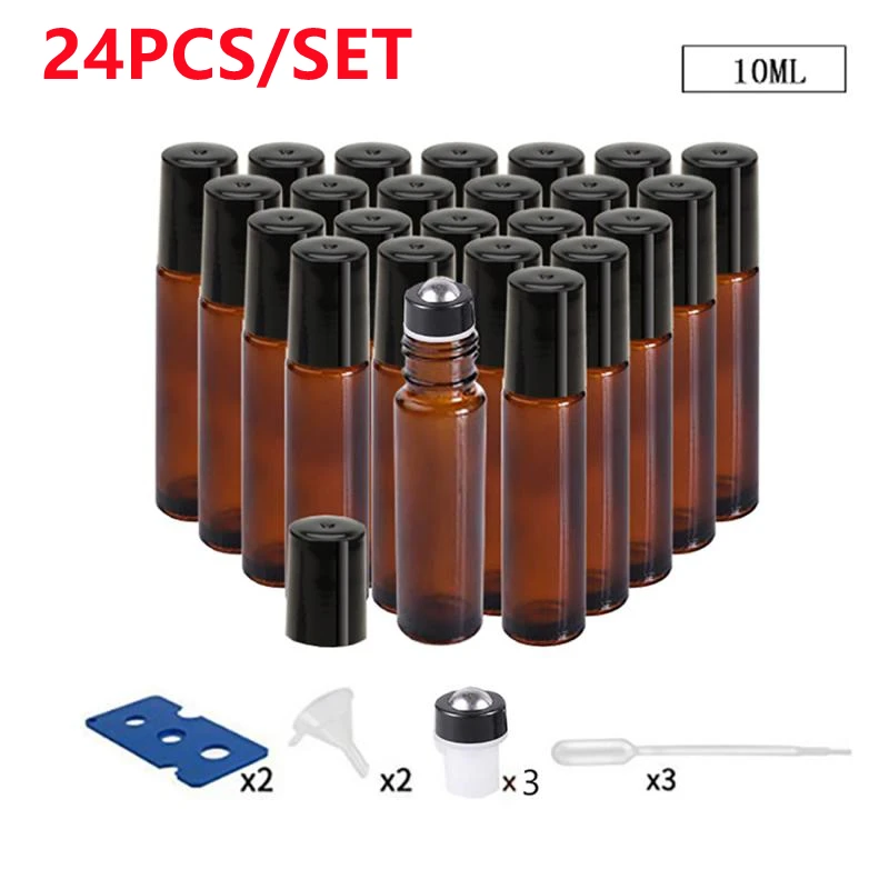 

24Pcs/lot 10ml Amber Glass Roll on Bottle with Metal Ball Thin Glass Roller Essential Oil Vials Perfume Aromatherapy Containers
