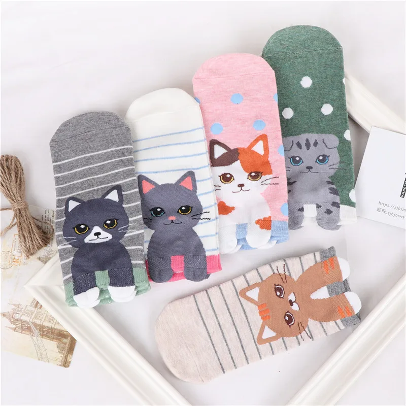 A 5 пар, Harajuku Ankel, короткие милые носки с котом, женские,, Мультяшные, с животным принтом, хлопчатобумажные забавные носки, пушистые, с 3D ушками, рождественские носки - Цвет: A