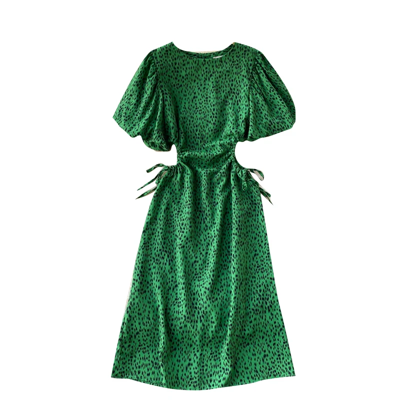 

Vintage Leopard Print Dress Women Summer Robe Hollow Show Waist Puff Sleeve Green Midi Dress Fashion Lady Vestidos