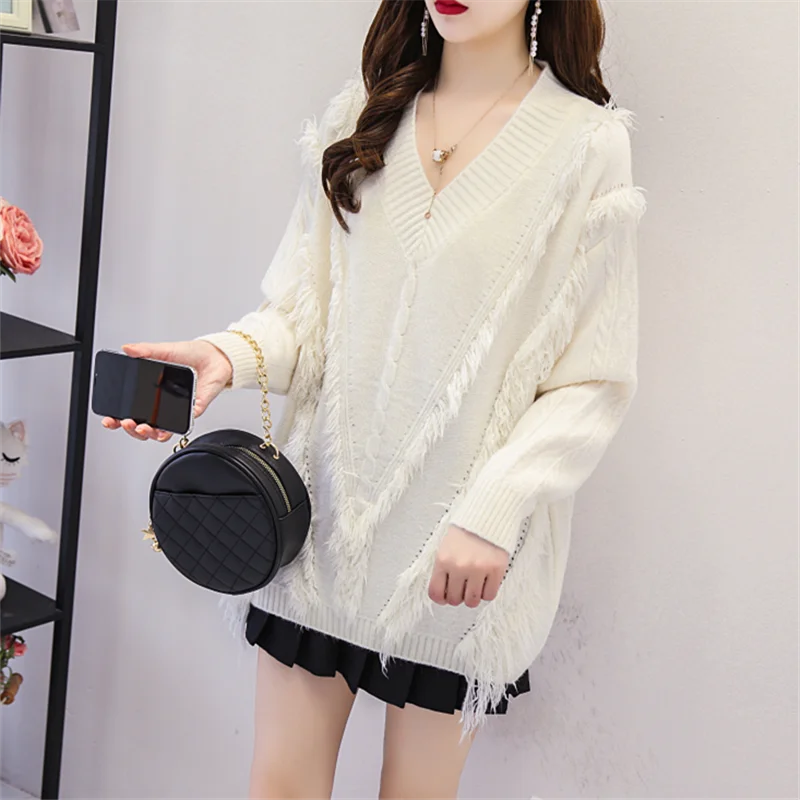 

Tassel Knitted Sweater Women Spring Autumn Korean 3 Color Jumper Ladies Loose V-Neck Long Sleeve Knitting Pullover Tops Female