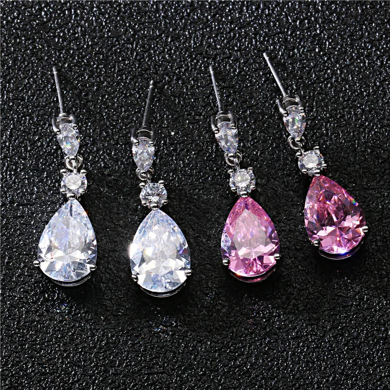 

BONLAVIE Simple pink drop zircon earrings silver needle long earrings party clothing accessories