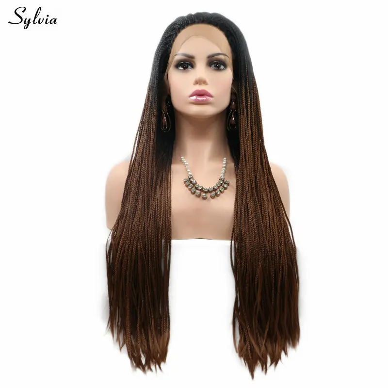 Sylvia Black Roots Ombre Brown/Dark Blue/Yellow Blonde Lace Front Braided Wig Synthetic Box Braid Wigs for Women Party Long Hair