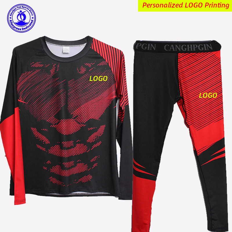 2021 Quick Dry Compression Running Set Men 2Pcs Leggings+Shirts Sports Suit Base Layer Elastic Gym Fitness MMA Rashgard Custom