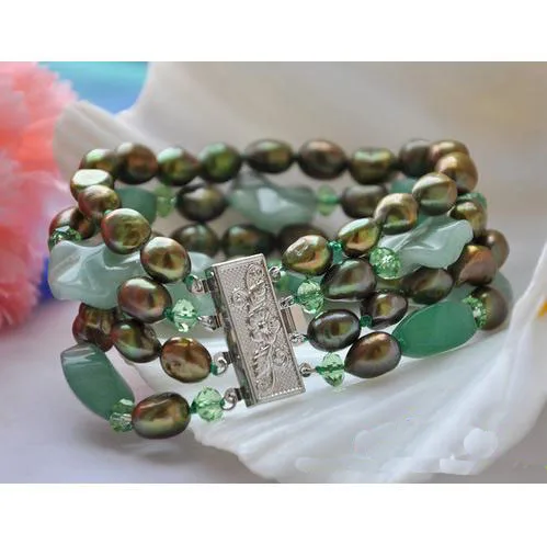 

Unique Pearl Jewelry New Style 4 Rows Green Baroque Freshwater Pearls Green Jade Crystal Beads Bracelet Classic Women Jewelry