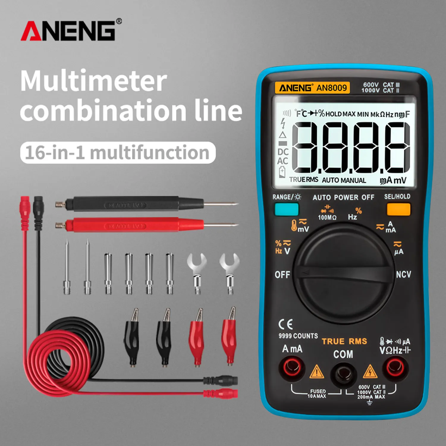 

AN8009 Digital Multimeter 9999 counts True-RMS AC/DC Voltmeter Transistor Testers High/standard version Auto Range Tester