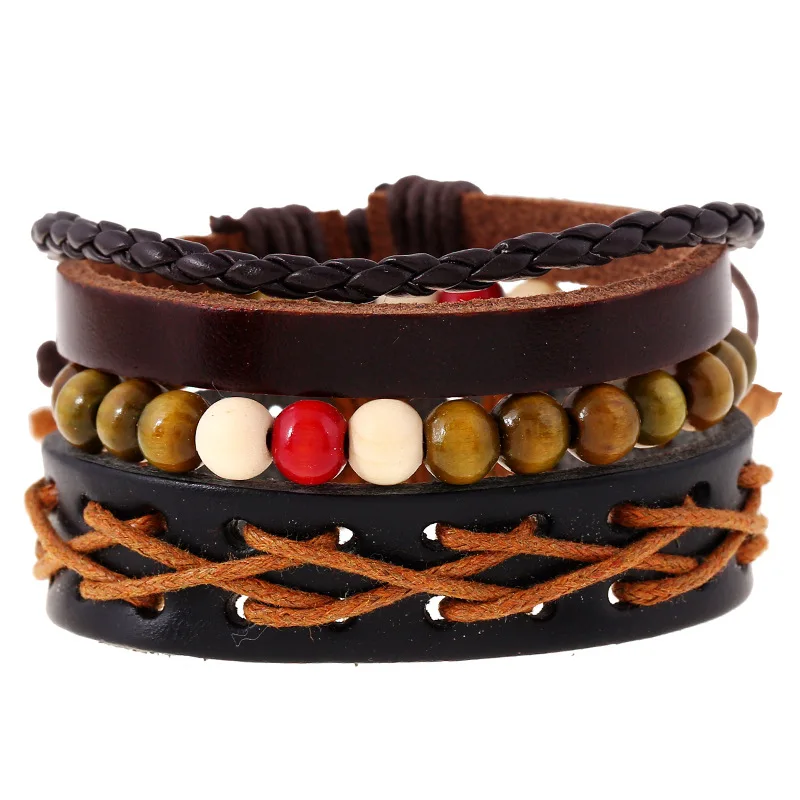 

AJC Colorful wooden bead bracelet retro braided cowhide bracelet leather bracelet multi-layer set bracelet