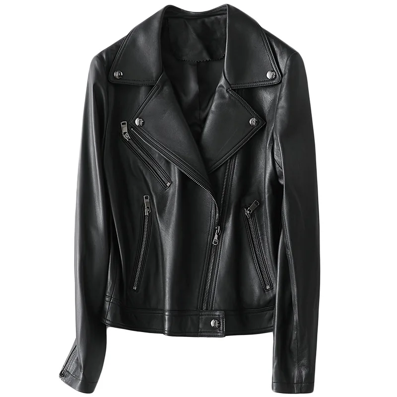 Women's Moto Biker Zipper Jacket for Autumn Spring 2021 New Casual Asymmetric Zip Leather Jackets Female Genuine Sheepskin Coat