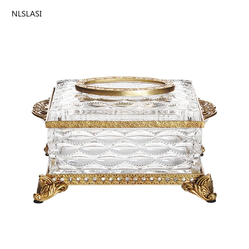 

American High-end Glass and Brass Tissue Box Home Restaurant Bedroom Living Room Car Office Tissue Storage Box Decorations