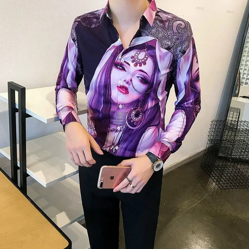Men's long-sleeved shirts, button-down collar shirts, casual printed beauties pattern tops  mens fashion clothing trends shirts