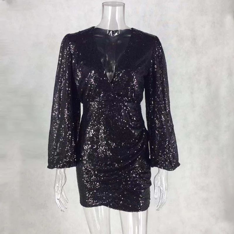 Женское короткое платье с блестками NATTEMAID черное Клубное облегающее длинным