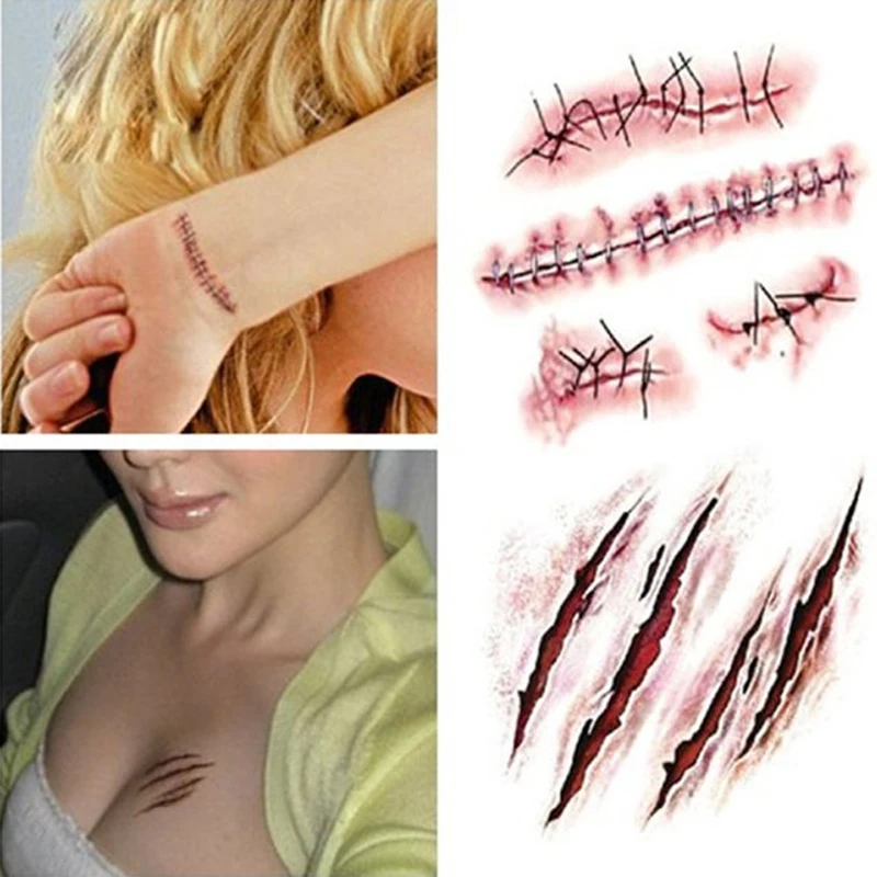 1pc Defense Tactical Tattoo Horrible Zombie Scars Tattoos Halloween Horror 3D Really Blood Injury Sticker Fake Scab Blood Makeup
