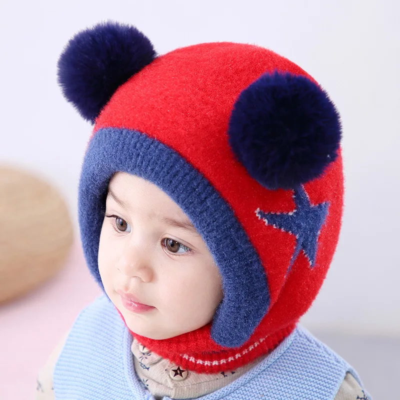 Шапка-ушанка детская вязаная с двумя помпонами ветрозащитная плотная теплая