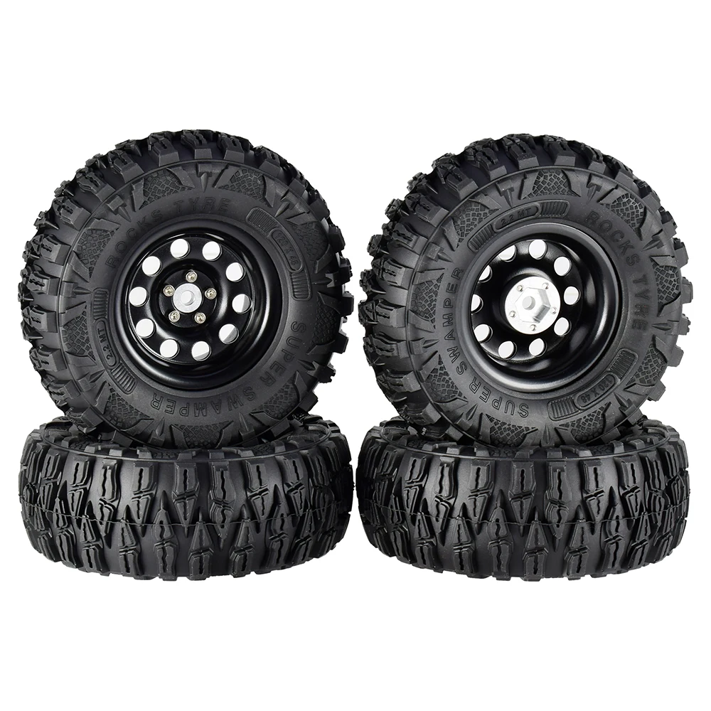 4PCS 2.2 Inch Rubber Tyres & Black Metal Beadlock Wheel Rim for 1:10 Axial SCX10 Traxxas TRX-4 RC Rock Crawler RC Car