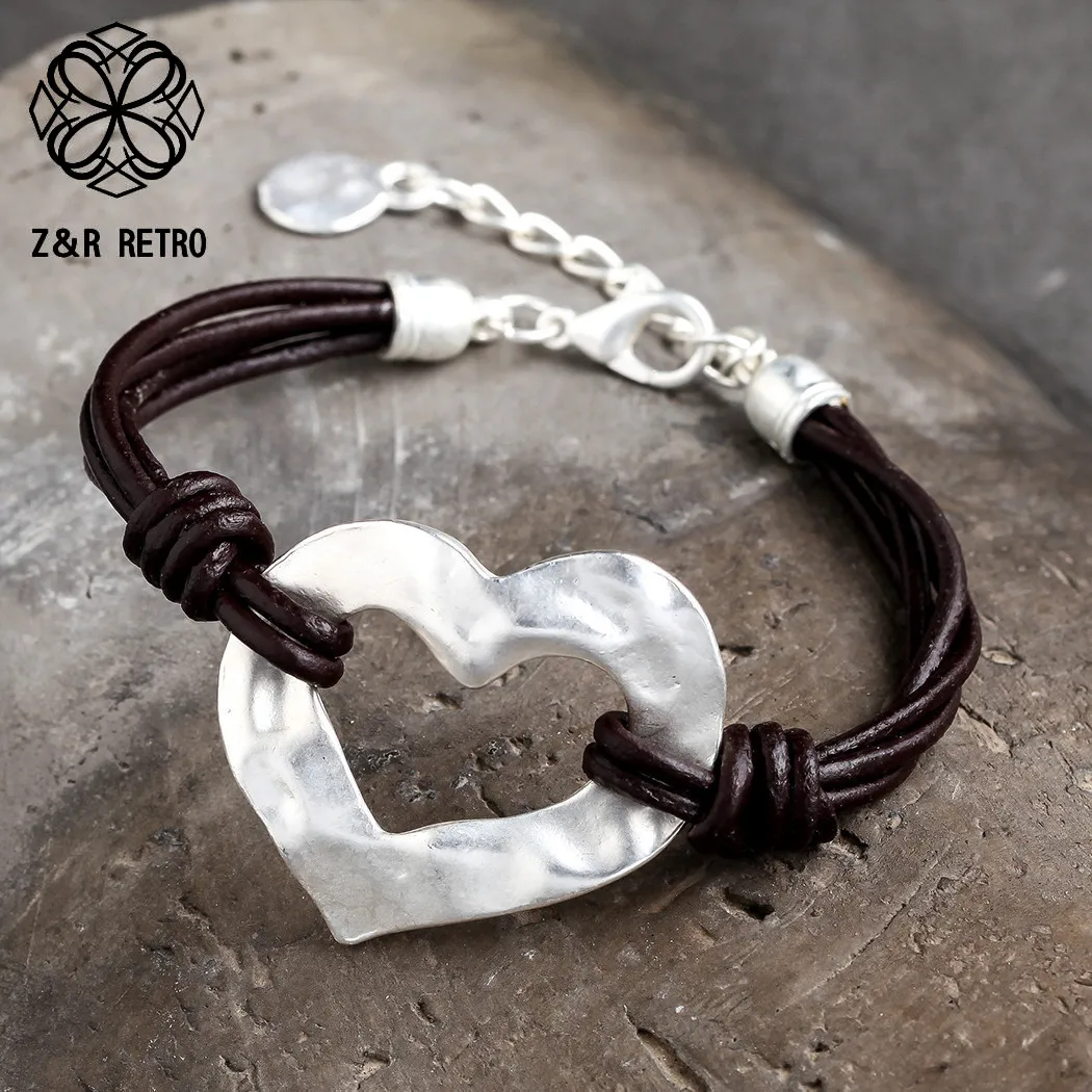 Silver Genuine Leather Heart Bracelets Jewelry For Women Charm New Year Gift 2019 Best Friends Accessories |