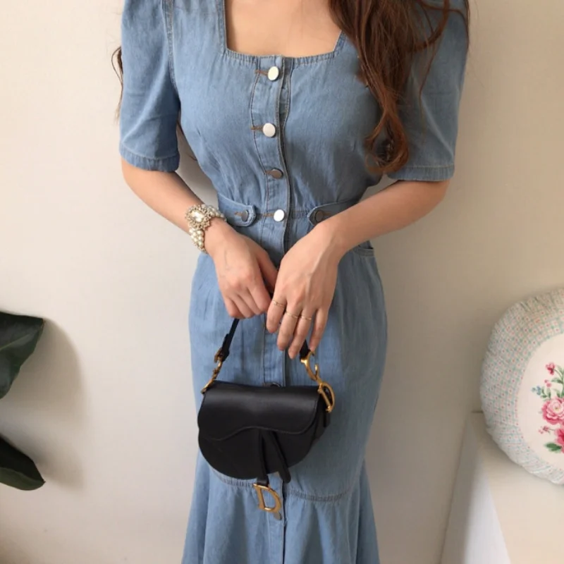 

Women Dress 2021 Korea Chic Light Ripe Wind Square Collar Single-breasted Waist Pocket Cowboy Split Fishtail Dresses