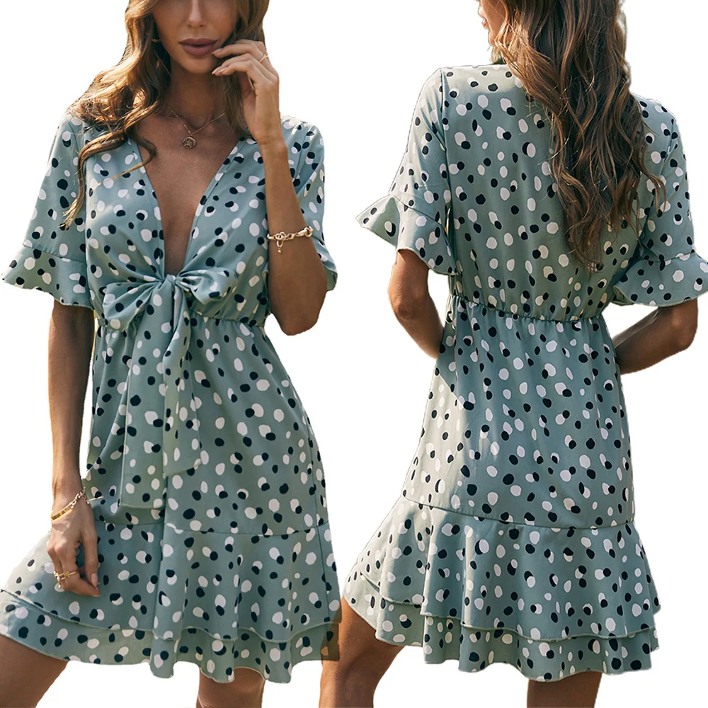 

Print Floral Halter Waist Office Ladies Dress Elegant women's Dress Printed Vintage V-Neck Keen-Length Slim Female Summer Dress